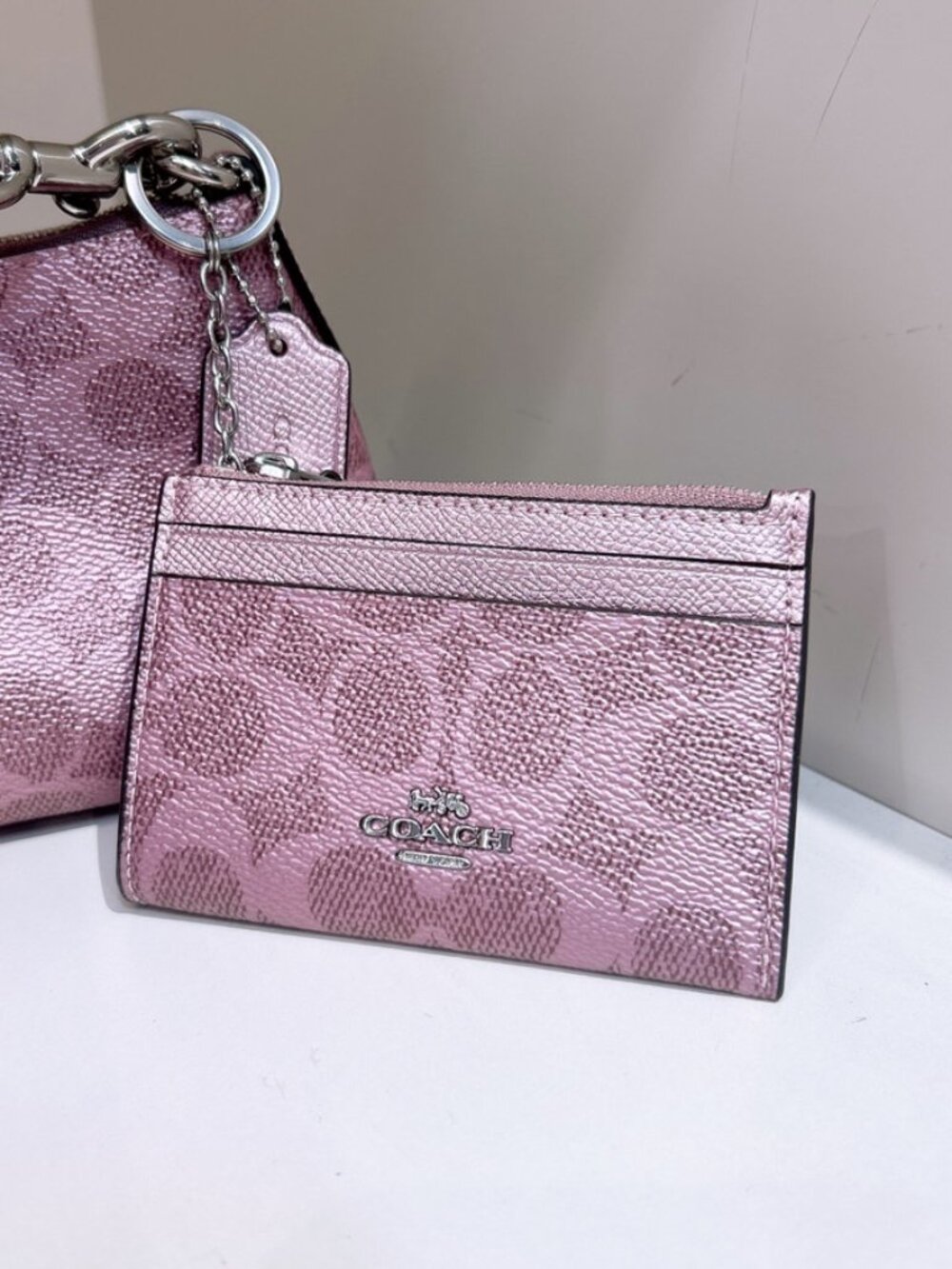 Coach Mini Skinny Id Case In Signature Canvas pink